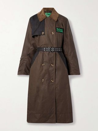 + Ganni Belted Corduroy-Trimmed Paneled Checked Waxed-Organic Cotton Trench Coat