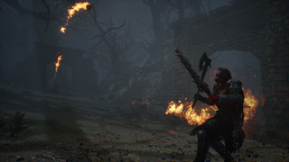 A lamp bearer from Lords of the Fallen staggers into an Ambush, weaving between a flaming hound and projectile bombs.