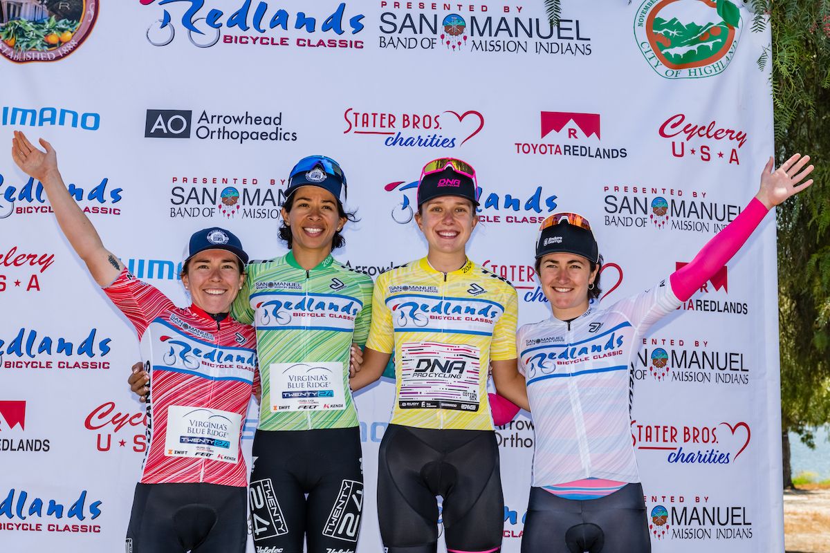 Jerseys after stage 3: Emma Langley (Virginia's Blue Ridge Twenty24) in red QOM jersey, Marlies Mejias in the sprint leaders jersey (Virginia's Blue Ridge Twenty24), Nadia Gontova in yellow (DNA Pro Cycling), and Best Amateur Cecile Lejeune (CCB p/b LLG) in white
