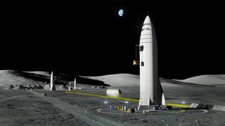 An illustration of a SpaceX "BFR" spaceship at a notional future lunar base. SpaceX CEO Elon Musk emphasized the versatility of the updated BFR system in a Sept. 29 speech.