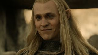 Sauron smiling at an off-screen Galadriel in The Rings of Power season 2 episode 8