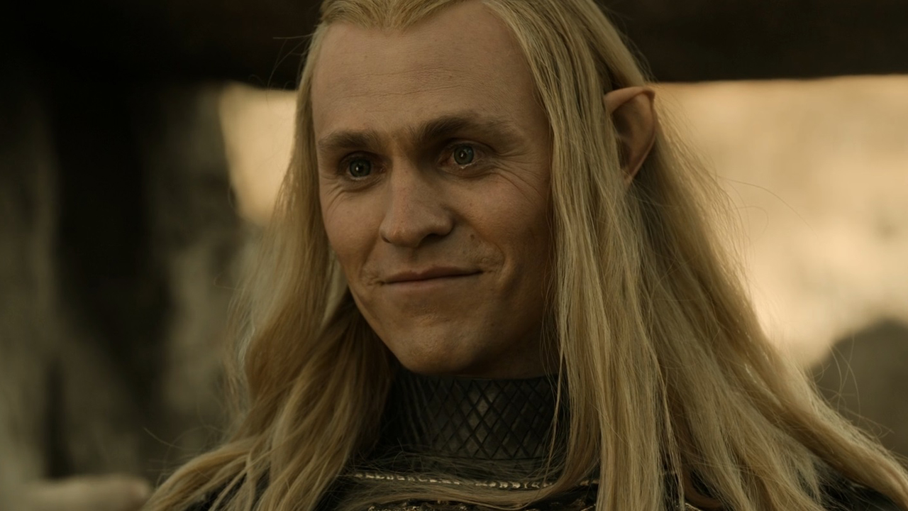 Sauron smiling at an off-screen Galadriel in The Rings of Power season 2 episode 8