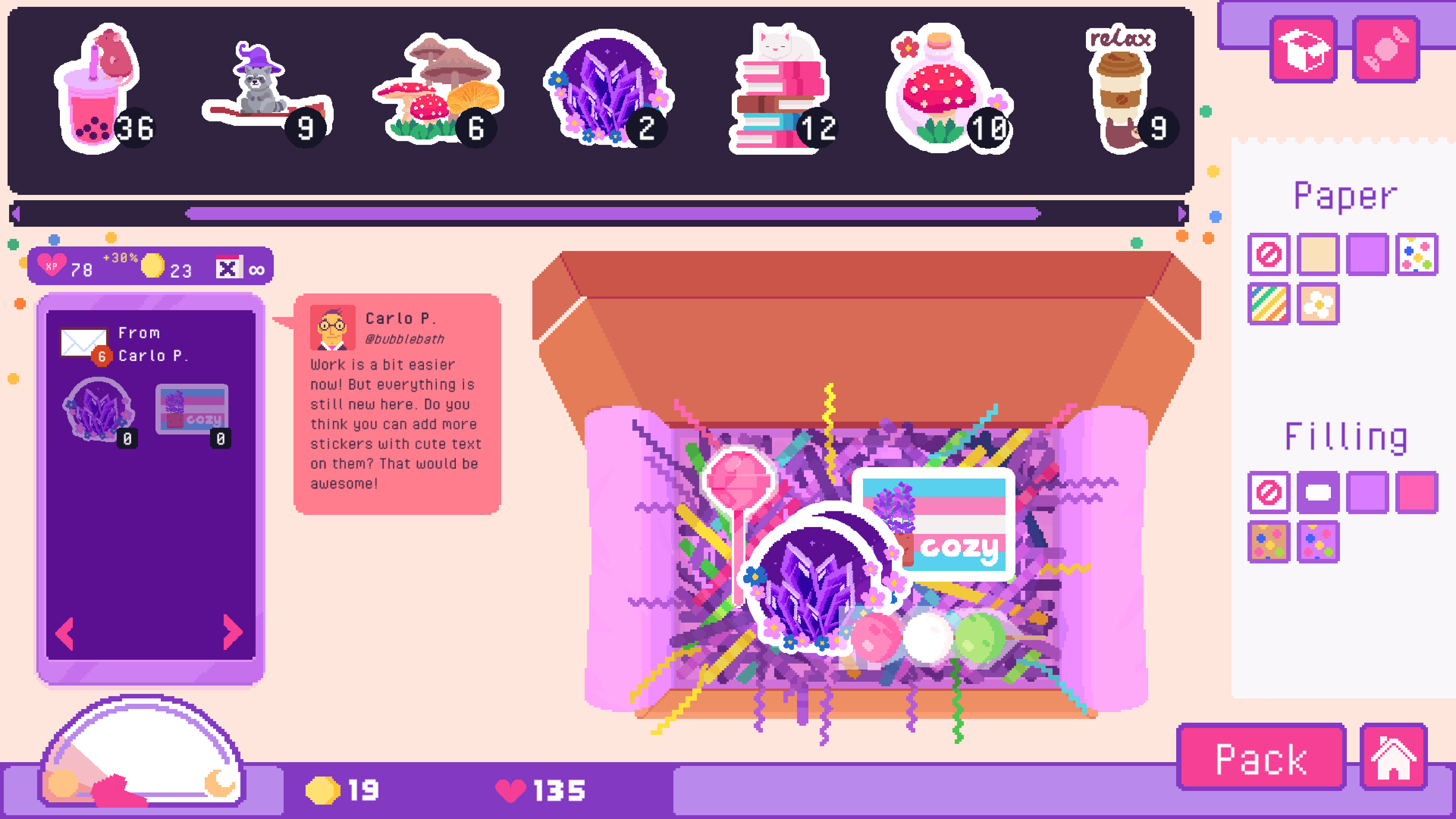 A cardboard box with custom-selected purple paper and multicoloured shredded paper filling sits on a table. Custom-made stickers are selectable at the top of the screen, with an assortment of them placed inside the box in a pixel-art style.