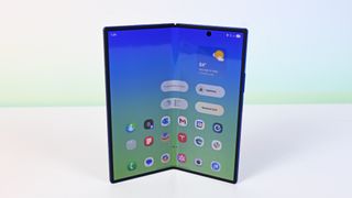 The 2025 Samsung Galaxy Z Fold 7 pictured in a hands-on review and comparison to other Samsung phones.