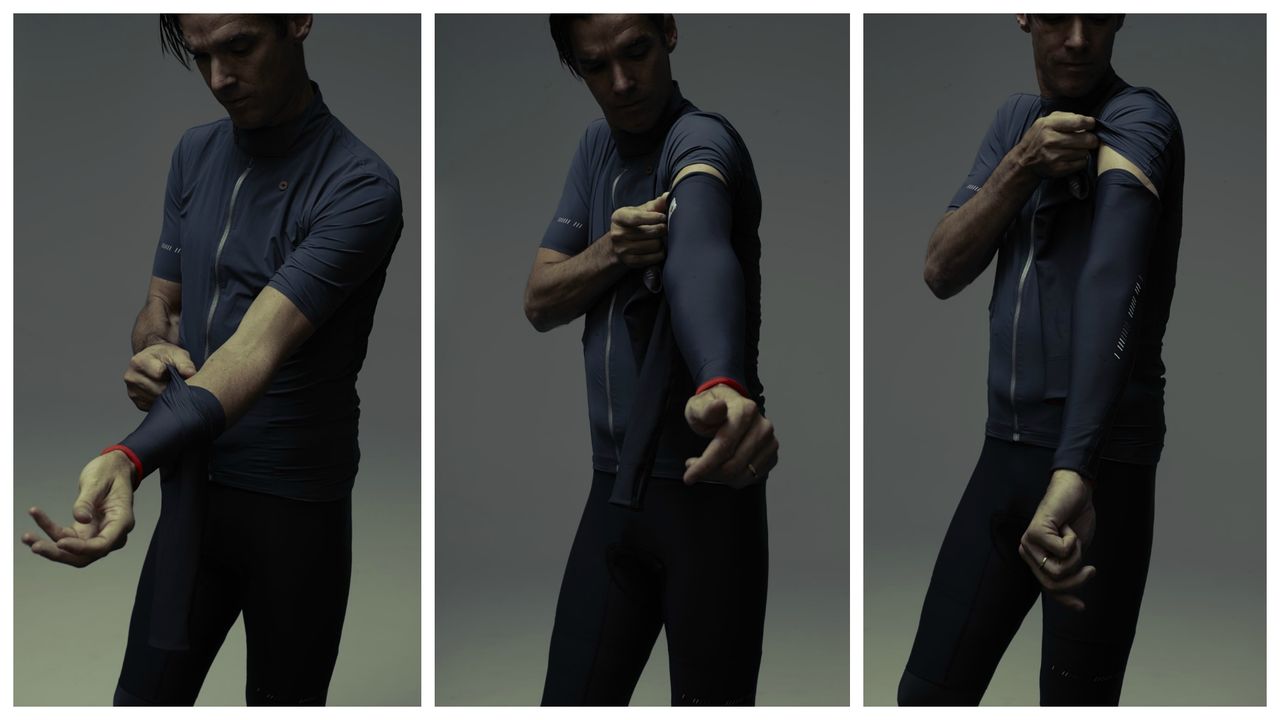 The arm and leg warmers feature turn-ups with reflective strips (Chpt. III / Castelli)