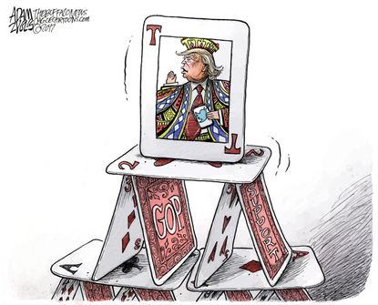 Political cartoon U.S. Trump house of cards GOP tweets