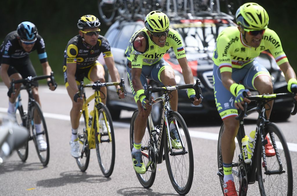 Rafal Majka pacing Alberto Contador back into the peloton after the crash