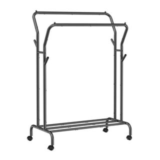 A black clothing rail with two bars, a shelf, and wheels
