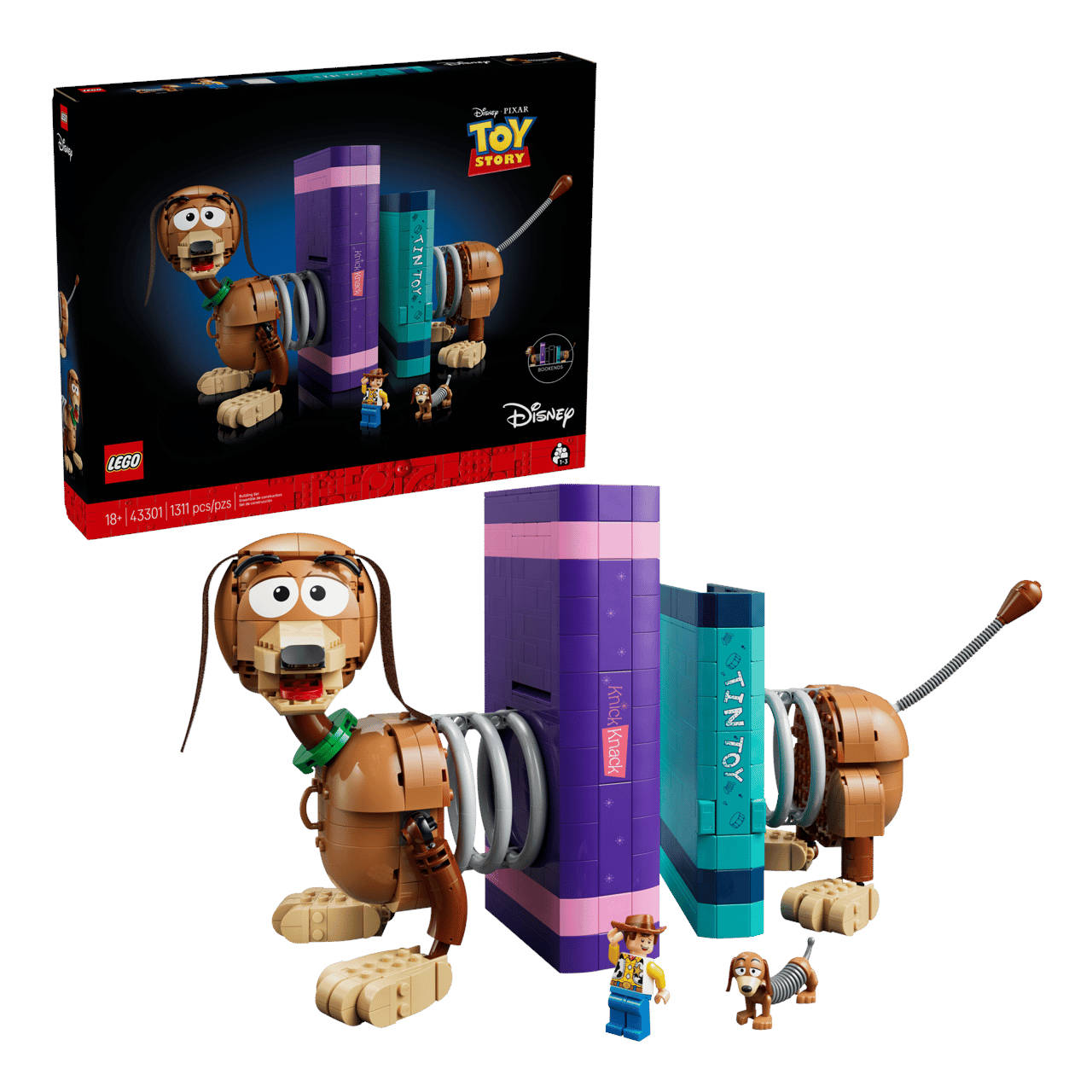 Lego Toy Story Slinky Dog Bookends and box on a plain background