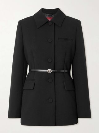 Belted Leather-Trimmed Wool Jacket