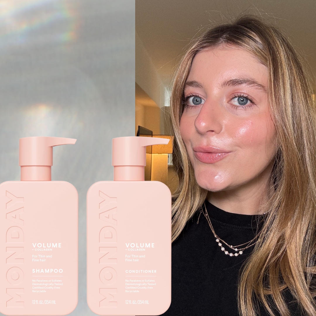 samantha holender with blonde fine hair taking a selfie in her apartment next to two pink shampoo and conditioner sets