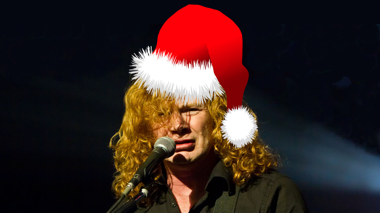 A picture of Dave Mustaine wearing a Santa Claus hat