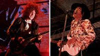 [L-R] Ray Toro of My Chemical Romance plays a Gibson Les Paul onstage, and Jimi Hendrix plays a white Strat onstage at Woburn Pop Festival 1968.