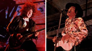 [L-R] Ray Toro of My Chemical Romance plays a Gibson Les Paul onstage, and Jimi Hendrix plays a white Strat onstage at Woburn Pop Festival 1968.