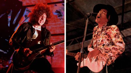 [L-R] Ray Toro of My Chemical Romance plays a Gibson Les Paul onstage, and Jimi Hendrix plays a white Strat onstage at Woburn Pop Festival 1968.