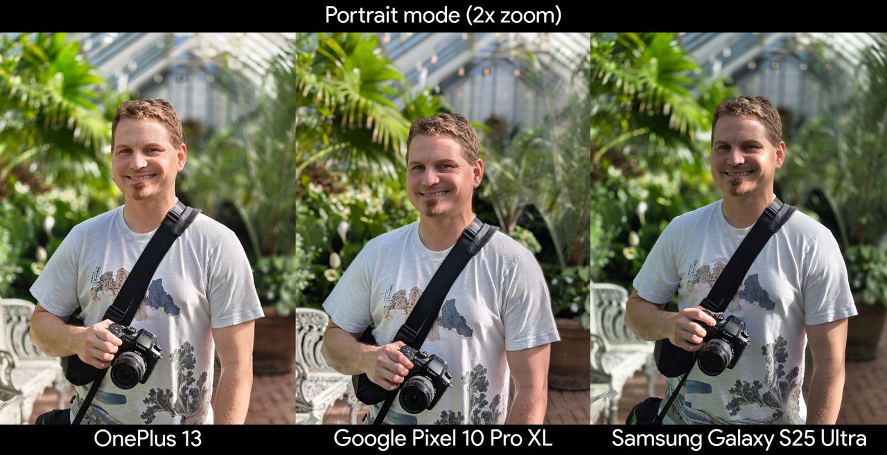 Comparing portrait mode quality from the front-facing camera of the Google Pixel 10 Pro XL,Samsung Galaxy S25 Ultra, and OnePlus 13