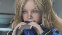 Diana with bright blue eyes in Pragmata