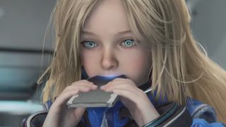 Diana with bright blue eyes in Pragmata