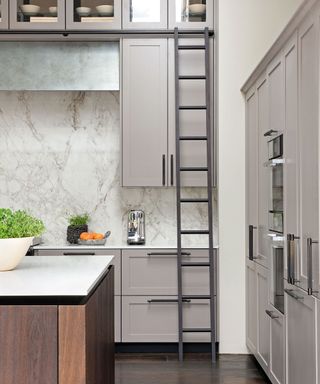 Grey kitchen with painted cabinets, dark wood floor and ladder to the ceiling