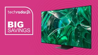 Samsung S95C QD-OLED TV on pink background with TechRadar branding and "Big Savings" text