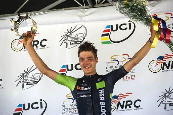 Adam de Vos on the podium for the KOM jersey at the Philly Cycling Classic