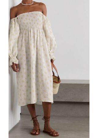 Sleeper Atlanta off-the-shoulder shirred floral-print linen midi dress 