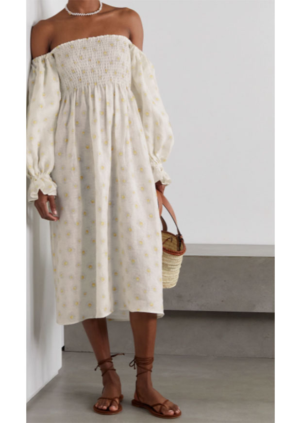Sleeper Atlanta off-the-shoulder shirred floral-print linen midi dress 