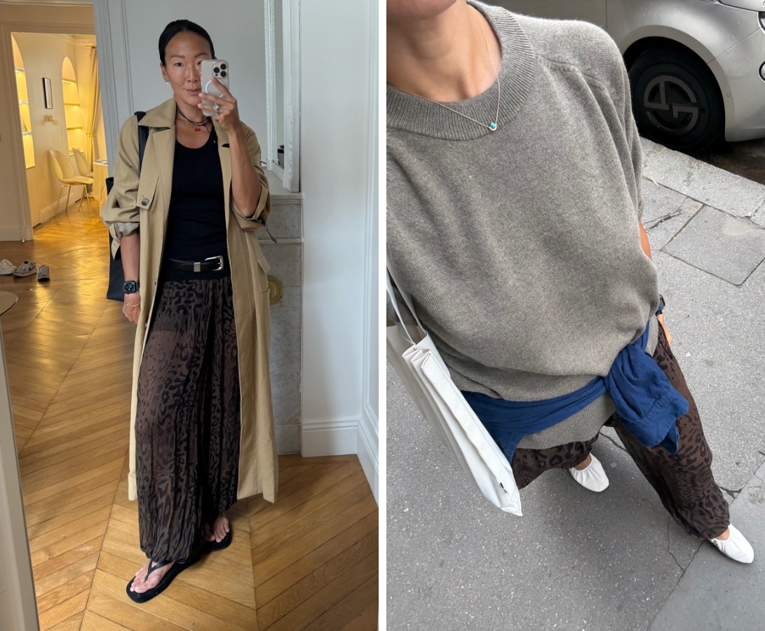 Irene Kim wearing a trench coat, a tank, and leopard-print harem pants; Irene Kim wearing a sweater, leopard-print harem pants, and flats