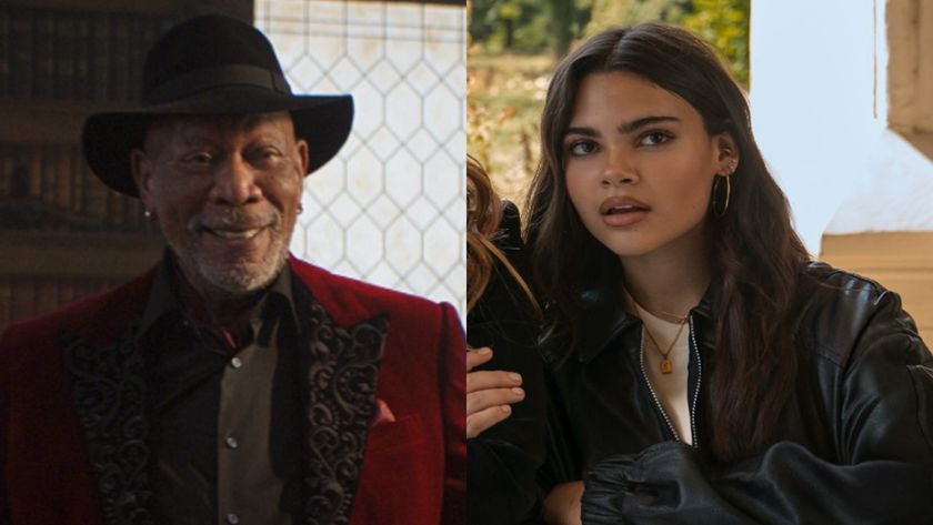 From left to right: Morgan Freeman smiling in Now You See Me: Now You Don&#039;t and Ariana Greenblatt looking shocked in Now You See Me: Now You Don&#039;t. 