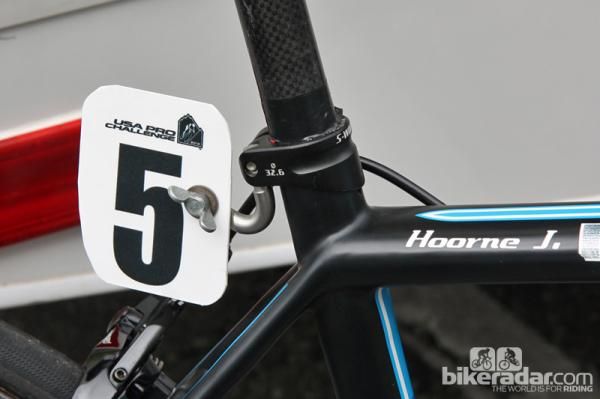 Check out the clever number plate holder on the Specialized Tarmac SL3 Pro of Omega Pharma-QuickStep trainee Jeroen Hoorne.