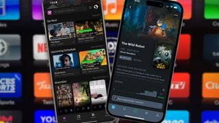 Two phones show the apps interfaces of Trakt and Letterboxd with a blurred background of apps 