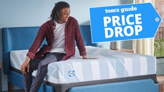 A man sits on the edge of a Sealy Dreamlife Memory Foam Mattress on a bed frame in a bedroom, a Tom's Guide price drop deals graphic (right)