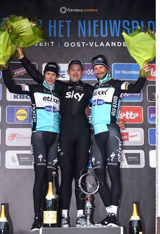 The podium at the Omloop Het Nieuwsblad