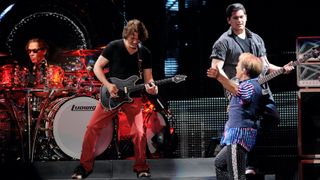 (from left) Alex Van Halen, Eddie Van Halen, Wolfgang Van Halen and David Lee Roth of Van Halen perform at a dress rehearsal for family and friends at the Forum on February 8, 2012 in Inglewood, California