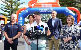 ADELAIDE AUSTRALIA JANUARY 17 Sir Mark Cavendish at a press conference at the start of the race with Race Director Stuart OGrady and the Premier of South Australia Peter Malinauskas and Minister Zoe Bettison during day one of the 2025 Tour Down Under on January 17 2025 in Adelaide Australia Photo by Sarah ReedGetty Images