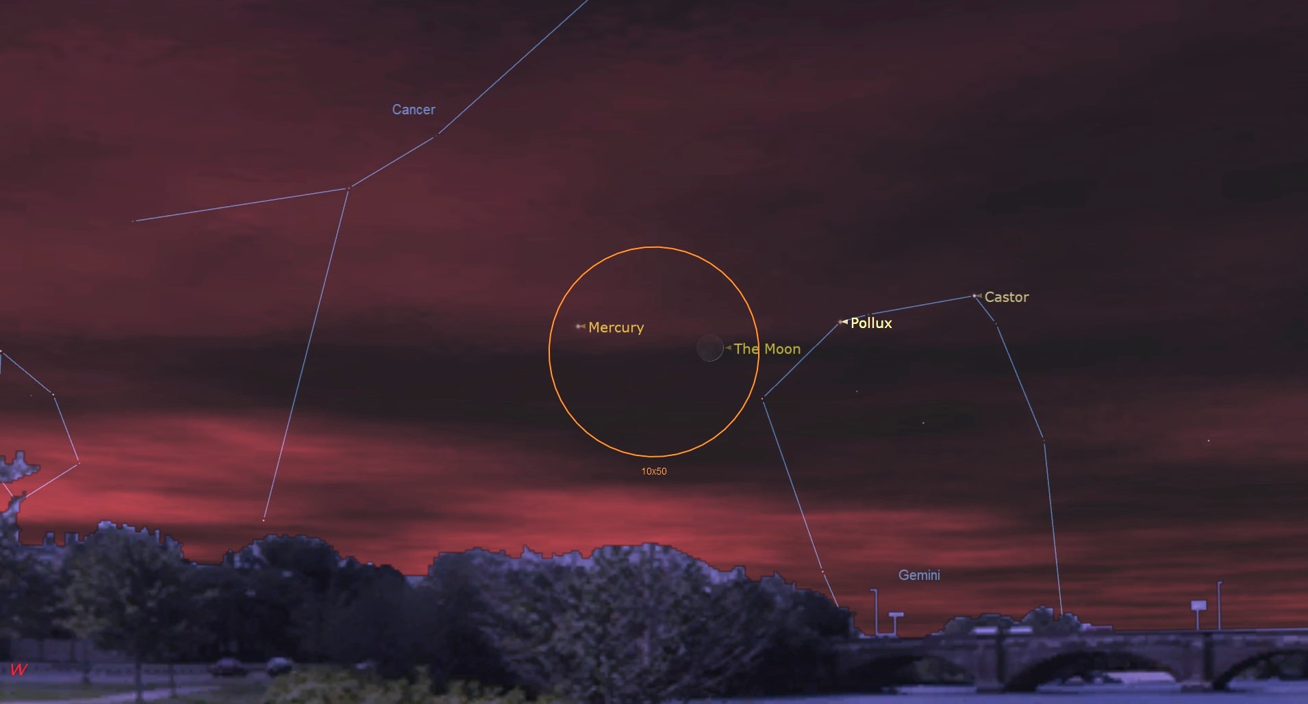 Night sky map showing a Young Moon with Mercury and Gemini's Twins.