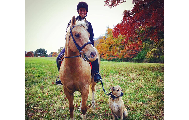 “Here is a photo of my two-and-a-half-year-old retriever mix, Oliver with the eight-year-old pony I am leasing, Dallas. We like to refer to them as ‘half brothers’ and they have had a great time bonding on hacks we take all over the county” — Stacey Parker