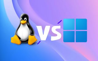 Linux logo and Windows logo with a colorful background.