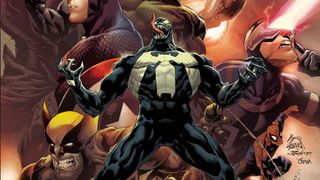 Venom surrounded by other Marvel heroes in King in Black.