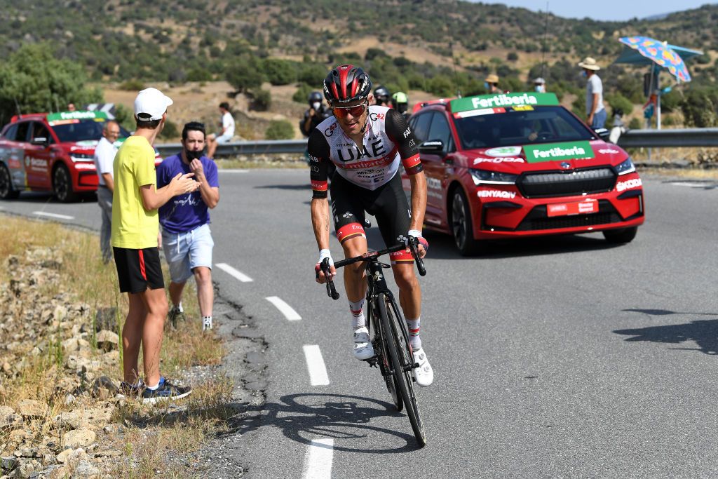 EL BARRACO SPAIN AUGUST 29 Rafal Majka of Poland and UAE Team Emirates attacks in breakaway during the 76th Tour of Spain 2021 Stage 15 a 1975km km stage from Navalmoral de la Mata to El Barraco lavuelta LaVuelta21 on August 29 2021 in El Barraco Spain Photo by Tim de WaeleGetty Images