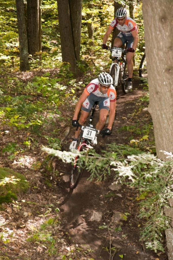 The 'Adventure 212' train of Chris Peariso and Darrin Braun steams through the singletrack at WORS Bear Paw.