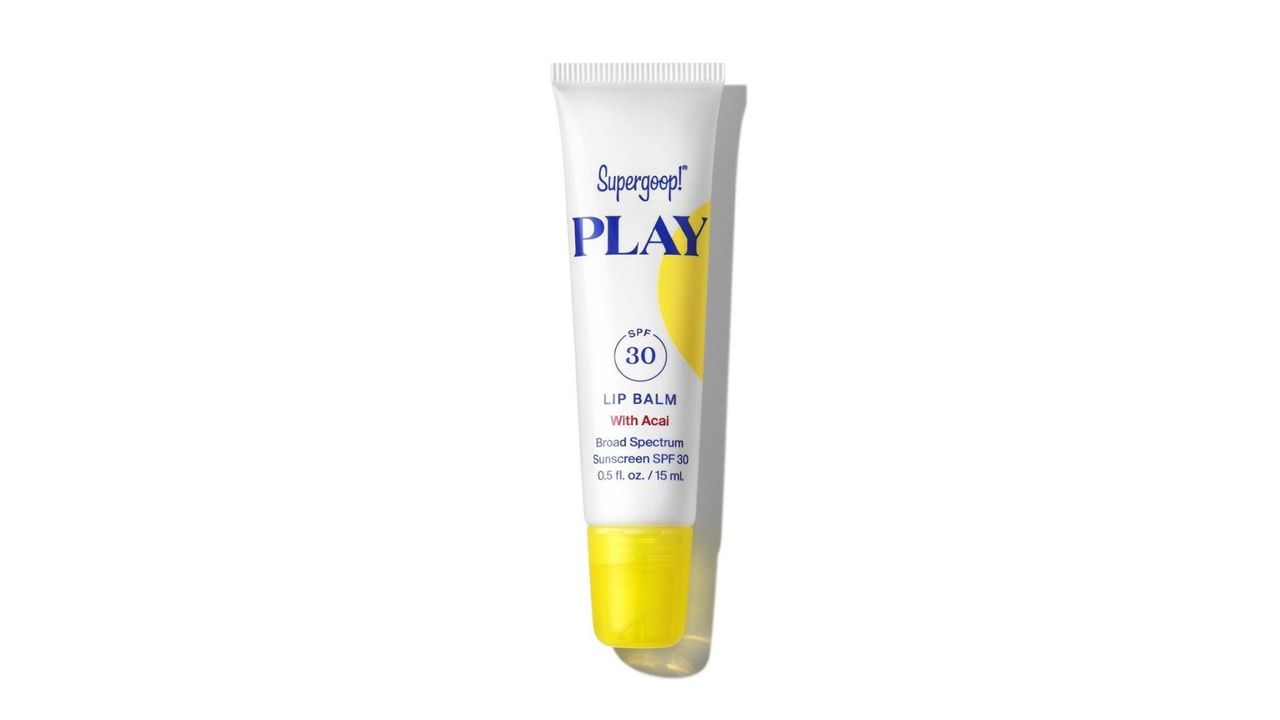 Supergoop! Play Lip Balm SPF 30 with Acai in a white squeeze tube for the best SPF lip balm.