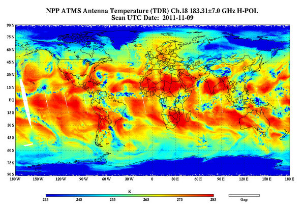 Water vapor measurements in Earth&#039;s lower atmosphere taken by the NPP satellite on Nov. 8.