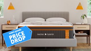 The image shows the Nectar Premier Copper mattress in a sleek modern bedroom with a Tom&#039;s Guide deal badge on top