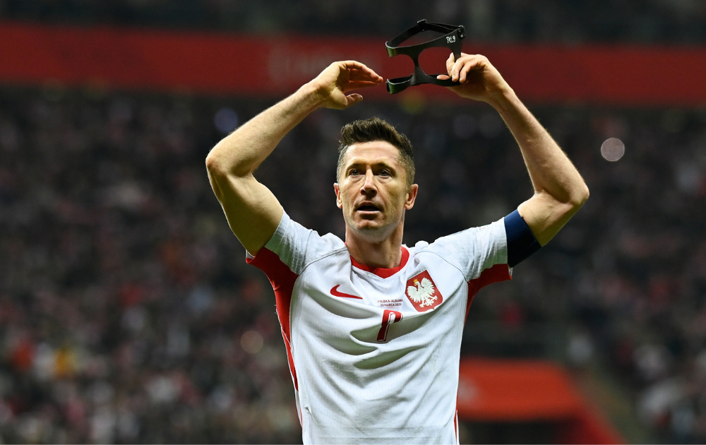 Robert Lewandowski of Poland celebrates scoring his team's first goal during the FIFA World Cup 2026 European Qualifiers KO play-offs match between Poland and Albania at PGE Narodowy on March 26, 2026 in Warsaw, Poland. 