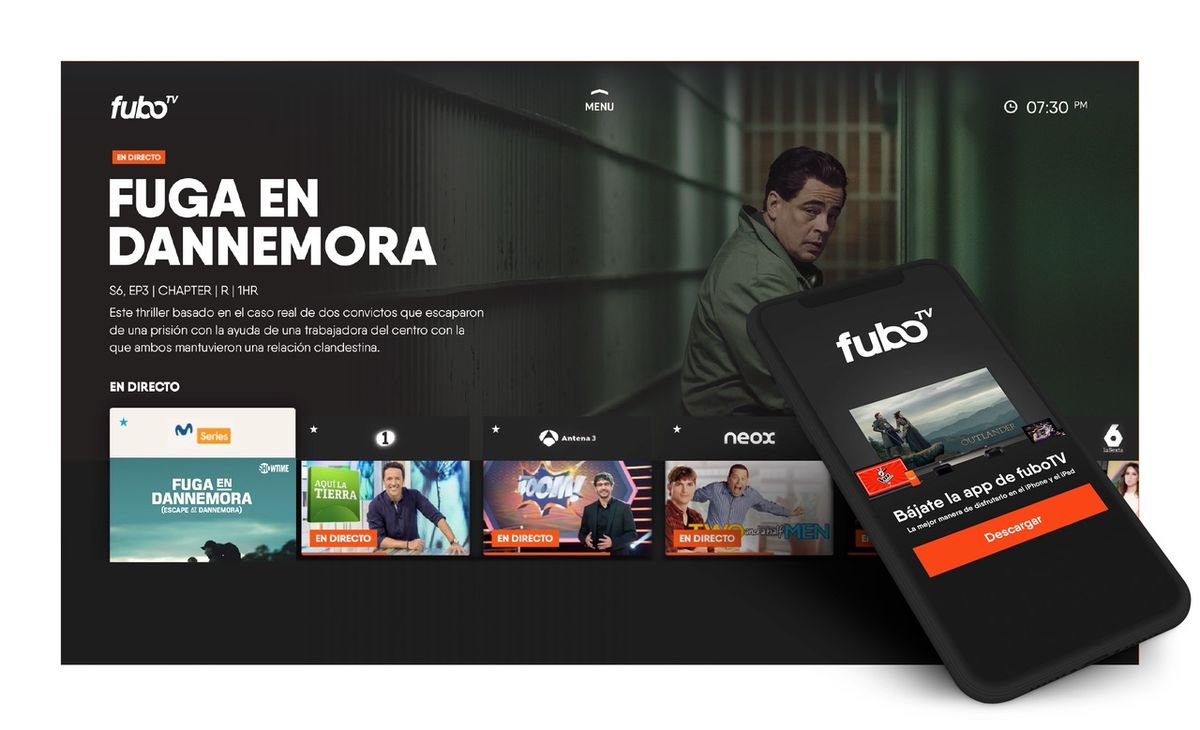FuboTV entertainment and news channels displayed on a smart TV