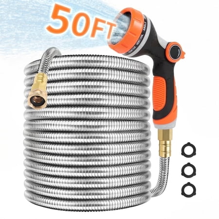 Koymisku Garden Hose 50ft, Stainless Steel Water Hoses With 10-Mode Nozzle Sprayer, Tangle Free Water Pipe for Yard Outdoor