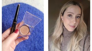 On the left, a close-up of Digital Beauty Writer, Naomi Jamieson holding the Victoria Beckham Beauty EyeWear Eyeshadow stick in Pecan and the Urban Decay Space Cowboy eyeshadow and on the right, Naomi is seen wearing Eyewear on her eyelids