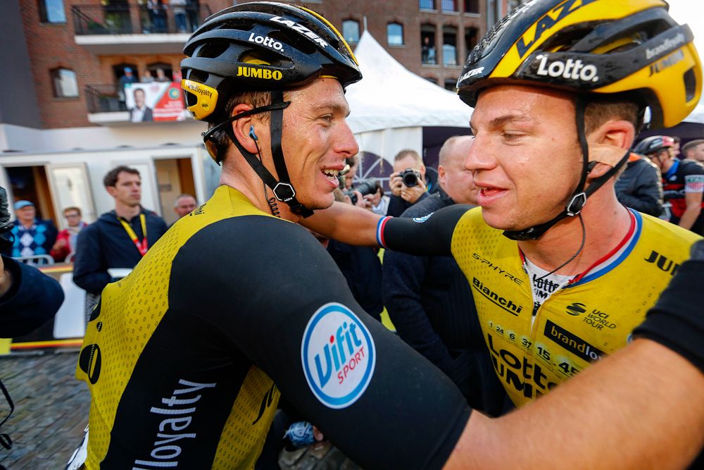 Binche-Chimay-Binche winner Danny van Poppel celebrates with teammates