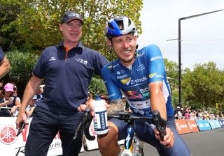 ADELAIDE AUSTRALIA JANUARY 26 Stage Winner Australian Sam Welsford riding for Red BullBoraHansgrohe with race director Stuart OGrady after the race during day nine of the 2025 Tour Down Under on January 26 2025 in Adelaide Australia Photo by Sarah ReedGetty Images